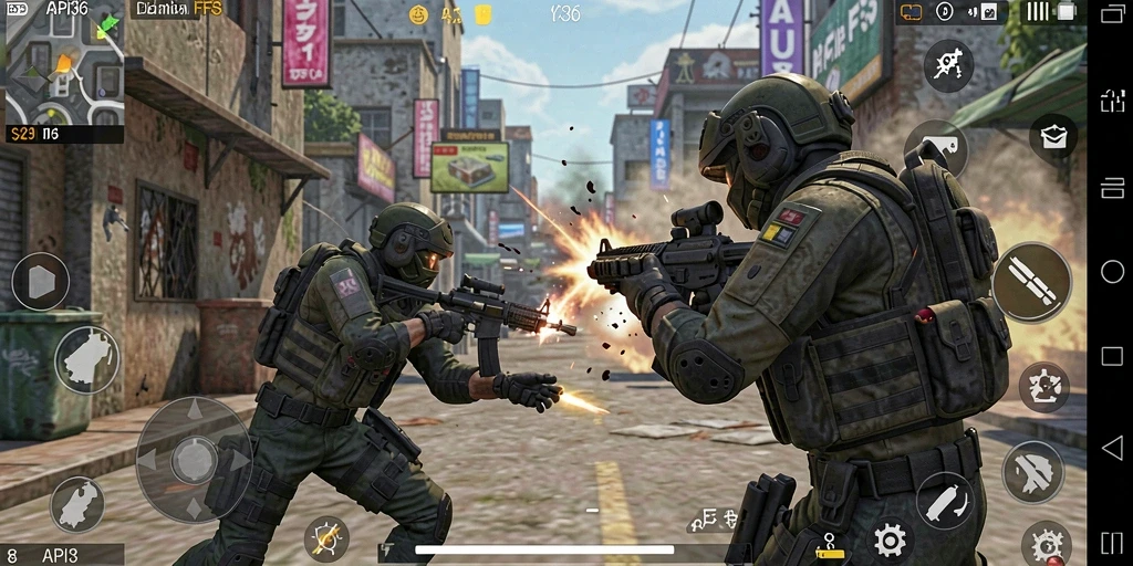 Screenshot memperlihatkan aksi tembak-menembak yang intens di API36.