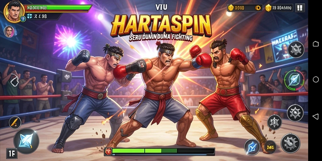 Tampilan gameplay HARTASPIN penuh aksi dan pertarungan yang mendebarkan.
