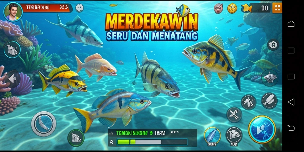 Screenshot gameplay <strong>MERDEKAWIN</strong> yang menampilkan aksi menangkap ikan.