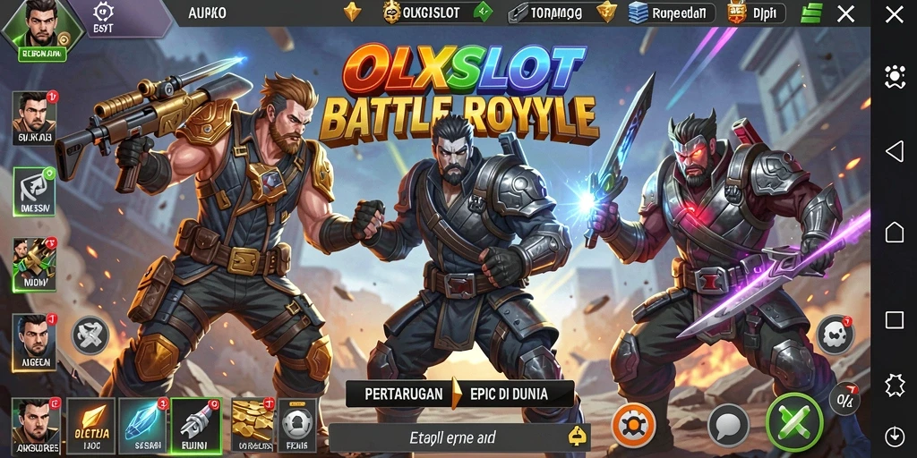 Screenshot utama <strong>OLXSLOT</strong> menunjukkan aksi mendebarkan di medan pertempuran Battle Royale.