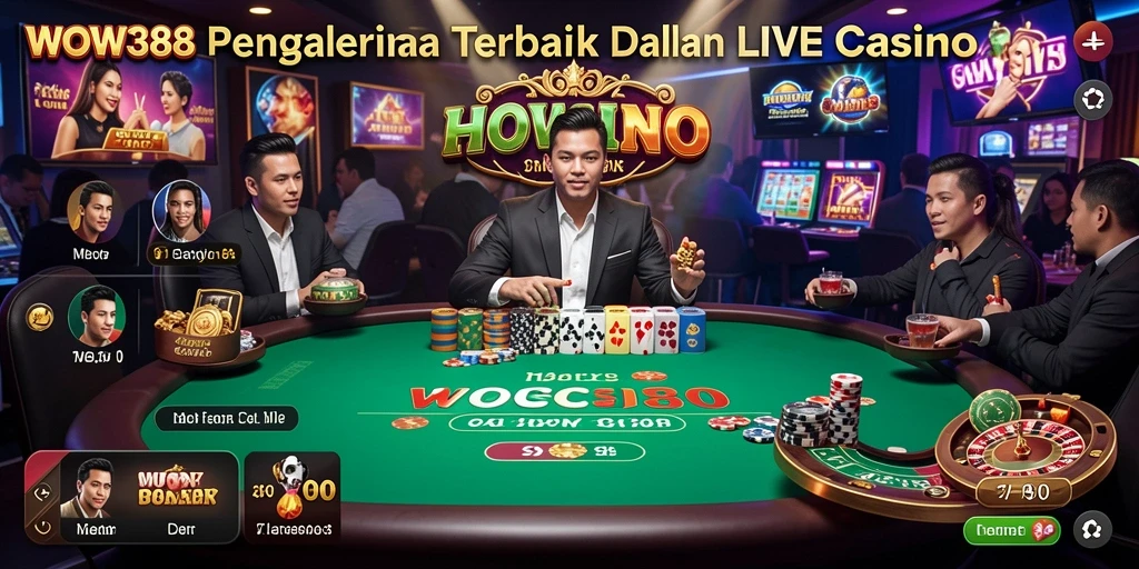 Screenshot gameplay WOW388 menampilkan dealer langsung dan suasana kasino yang nyata.
